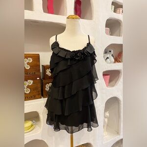 Suzy Shier Black Mesh Tiered Ruffle Spaghetti Strap Tank Top w Adjustable Straps